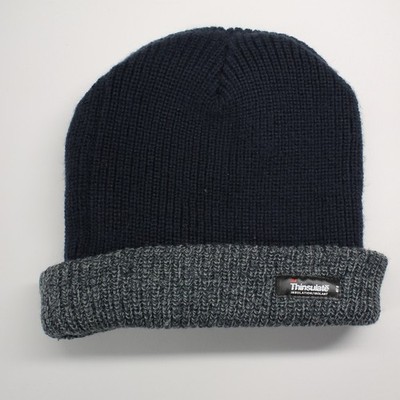 Solid blue with blue heathered cuff machine knit West loop winter cuff hat