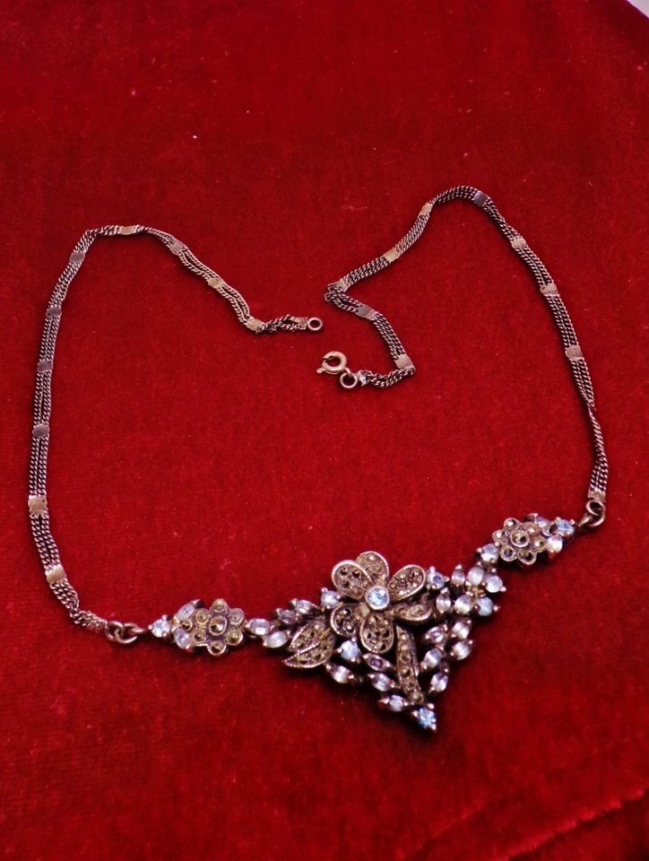 ARGENTO 925 STERLING art deco collana necklace marcasite vintage antica nouveau - Immagine 3 di 4