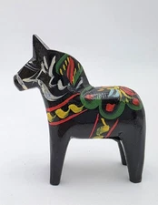 Dala Horse Swedish Folk Art Carved Wood Figurine Black Hand Painted Aprox 3" VTG