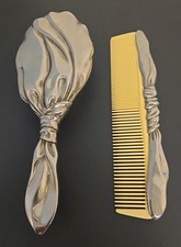 Vintage Silver Plated Brush And Comb Set Vanity Bow Ribbon