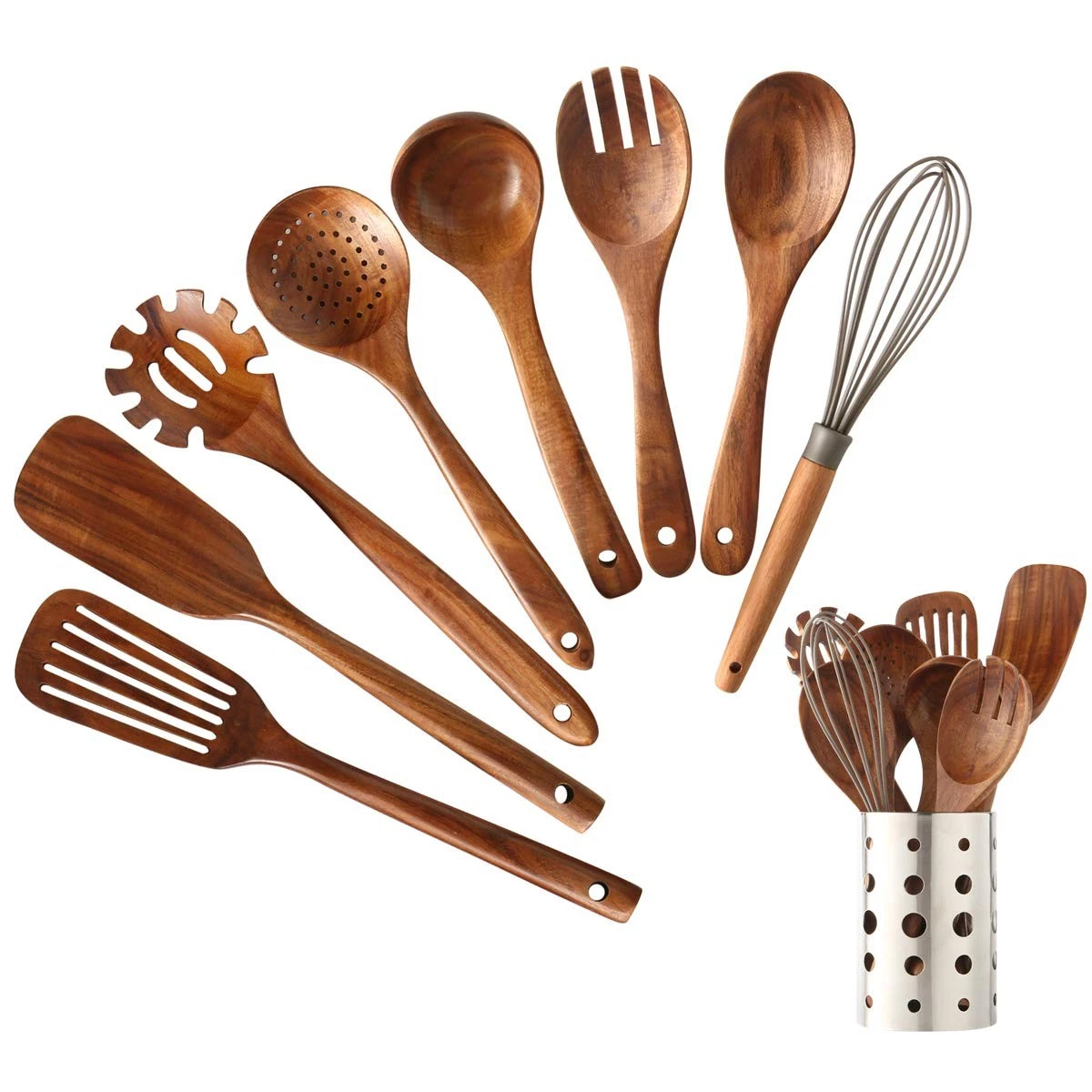 Wooden Kitchen Utensils Set with Holder, 9 Pcs Teak Wood Spoons for Cooking S...
