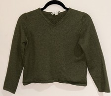 Pendleton Girls Youth XL 100 Merino Wool V-neck Sweater Olive Green Long Sleeve
