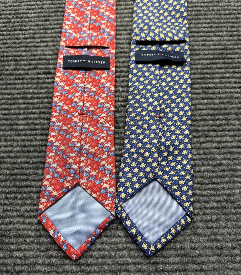 Lote de 2 corbatas Tommy Hilfiger para hombre cangrejos rojos peces azules 100 % seda Foto 2 de 4