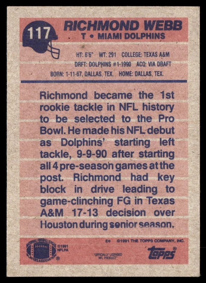 1991 Topps Richmond Webb Rookie Miami Dolphins #117 - Image 2 of 2