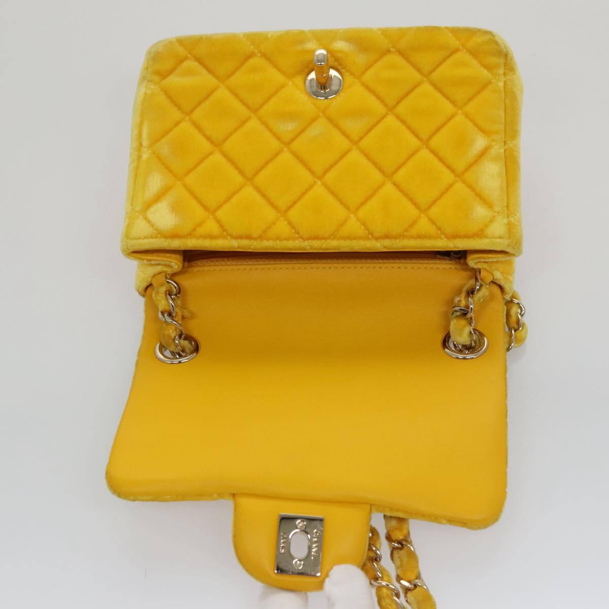 CHANEL Matelasse Chain Shoulder Bag Velor Yellow CC Auth