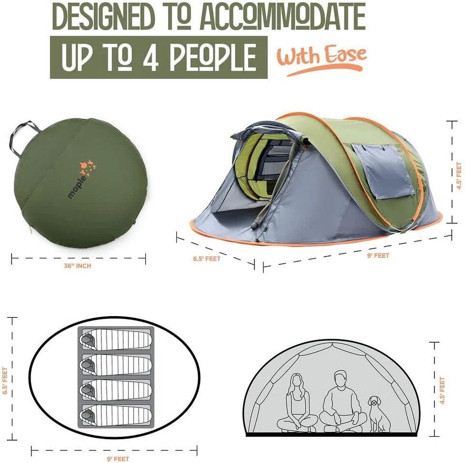 Camping Tent - 4-Person Easy Pop Up Tent with 2 Doors - UPF50+ Waterproof  - Image 2 of 4