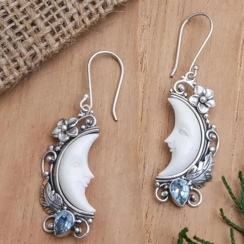 Fashion Women Retro Moon Face Flower Leaf Decor Dangle Silver Plated Earrings - Image 2 of 4