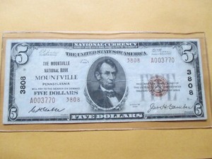 1929 $5 THE MOUNTVILLE NATIONAL BANK OF MOUNTVILLE, PENNSYLVANIA TYPE 2 RARE