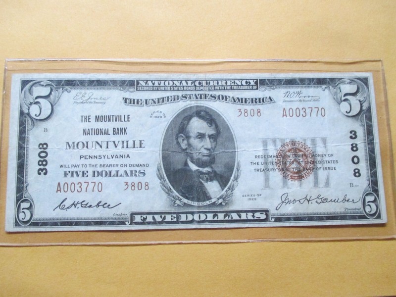 1929 $5 THE MOUNTVILLE NATIONAL BANK OF MOUNTVILLE, PENNSYLVANIA TYPE 2 RARE