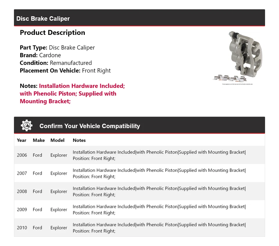 Para 2006-2010 Ford Explorer Pinza de freno de disco delantera derecha Cardone 2007 2008 Foto 2 de 4