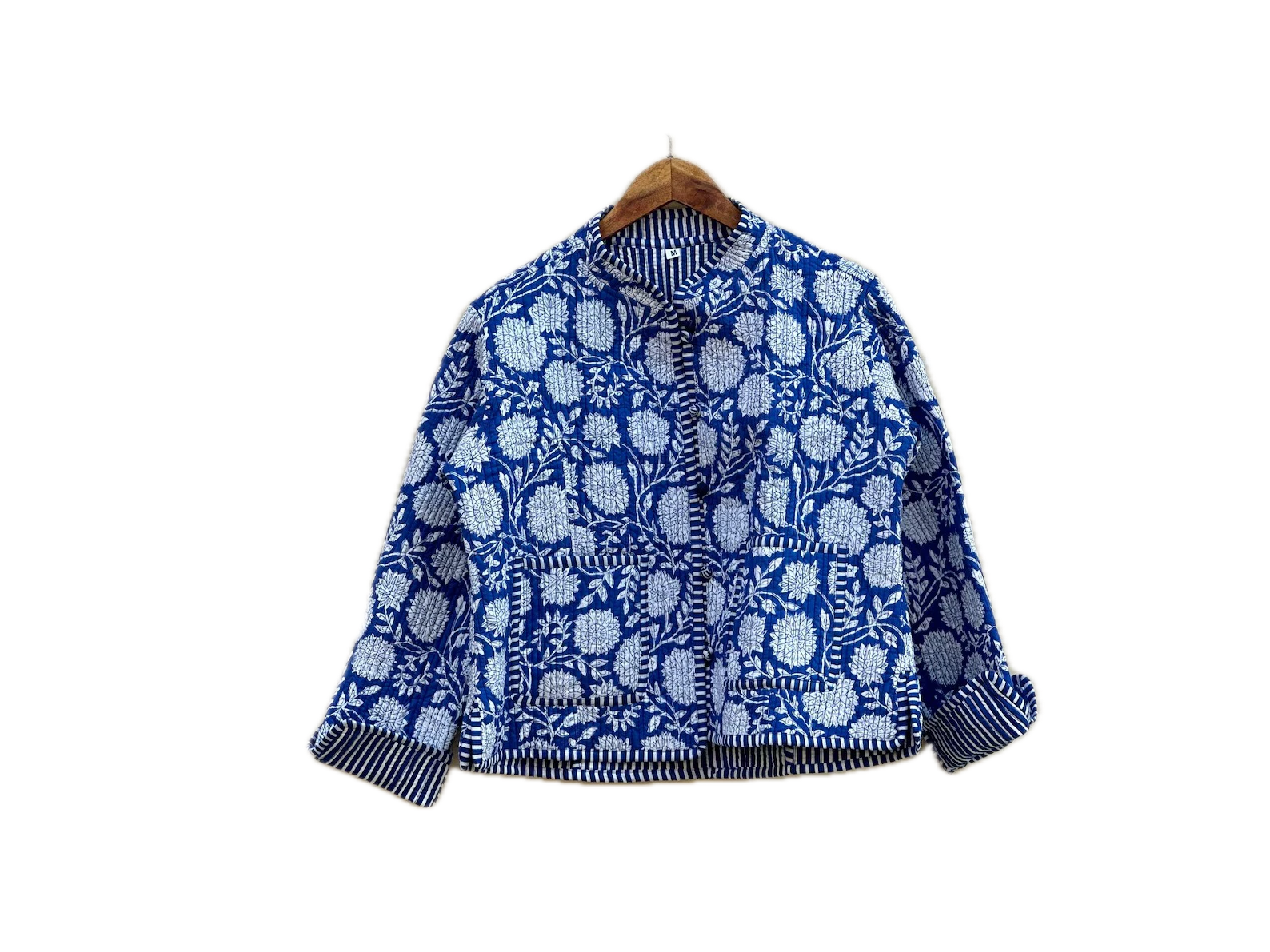 Indian Blue Floral Printed Cotton Quilted Unisex Jacket Women's Clothing Jacket