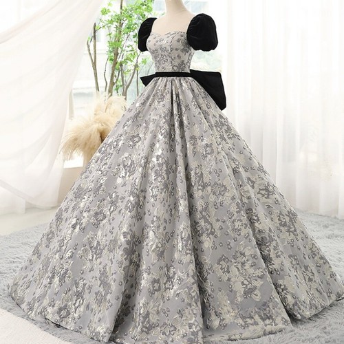 Women Floral Jacquard Ball Gown Bow Long Dress Big Swing Puff Short Sleeve Prom - Picture 2 of 9