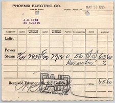 Butte, MT Phoenix Electric Co.- Leys Jewelry 1925 "Steam" Billhead $65.60