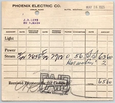 Butte, MT Phoenix Electric Co.- Leys Jewelry 1925 "Steam" Billhead $65.60