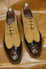 Handmade Men Brown Leather and Beige Suede Brogue Shoes, Formal Dress Shoes