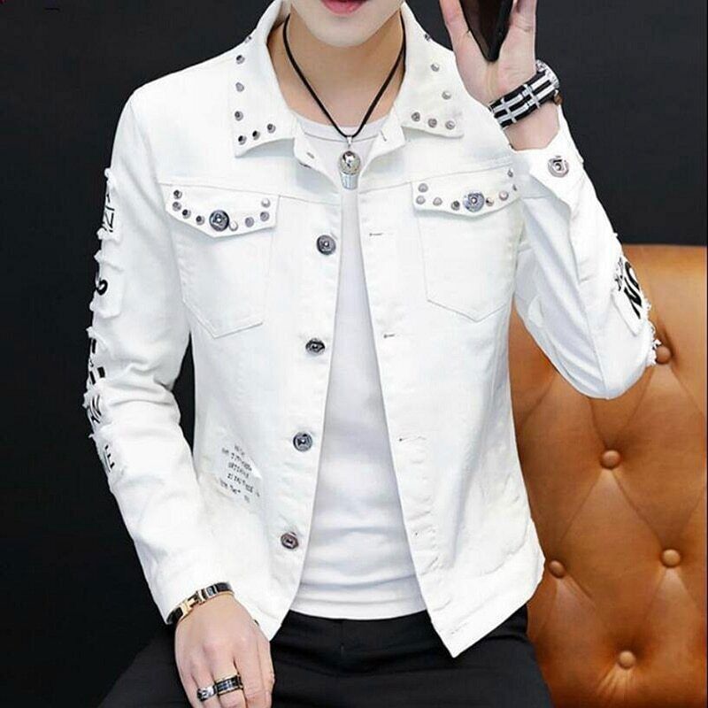 White Denim Jacket for Men with Rivets Hip Hop Cowboy Style Jean Coat-image