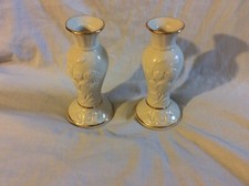 Set Of 2 White Ceramic Candle Holders Gold Trim