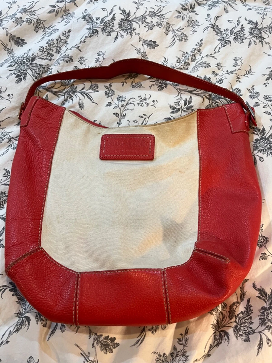 KATE SPADE beige canvas red leather trim SHOULDER BUCKET TOTE BAG medium large