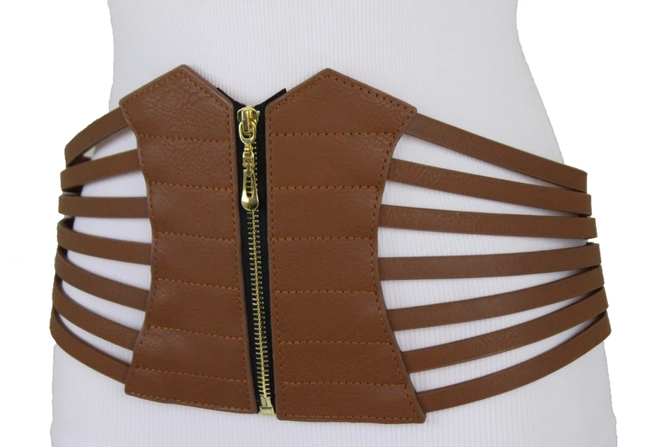 Cinto elástico feminino chique dourado metal zíper largo marrom sexy espartilho plus size G GG - Imagem 4 de 4