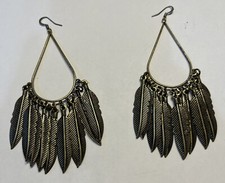 Large Vintage Brass Tone Feather Earrings
