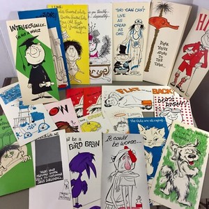 Lot-of-17-vtg-illustrated-greeting-cards-Studio-Design-humor-funny-60s-70s-w-box