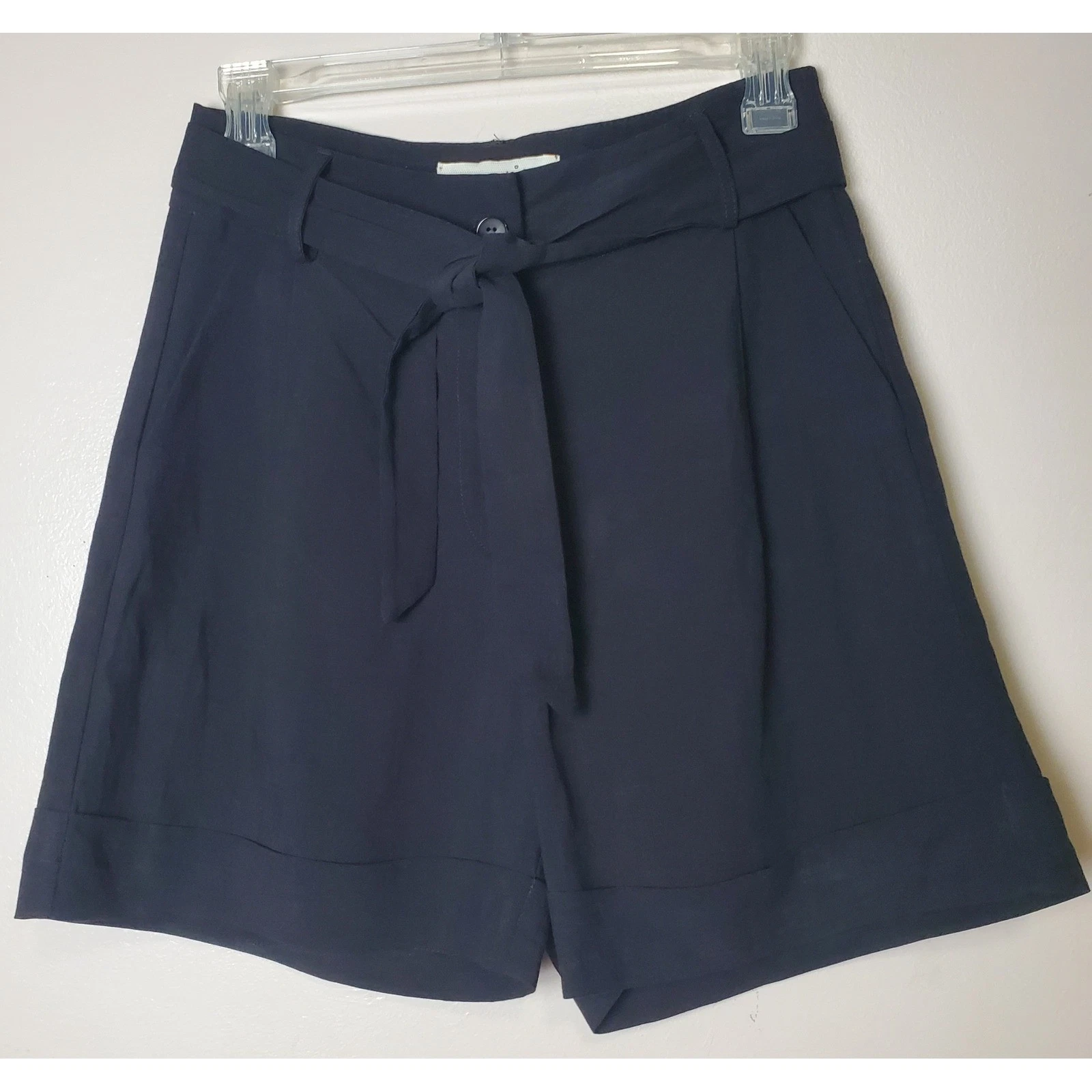 Moutaki Women's Linen Shorts Small Black Tie Belt Cuffed Pleated Quiet Luxury