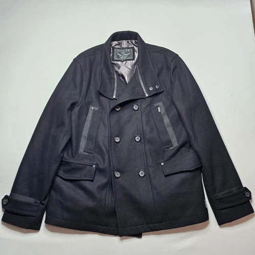 Guess Men XL Peacoat Black Wool Blend Double Breasted Zipper Bib M04110AB944 image 2