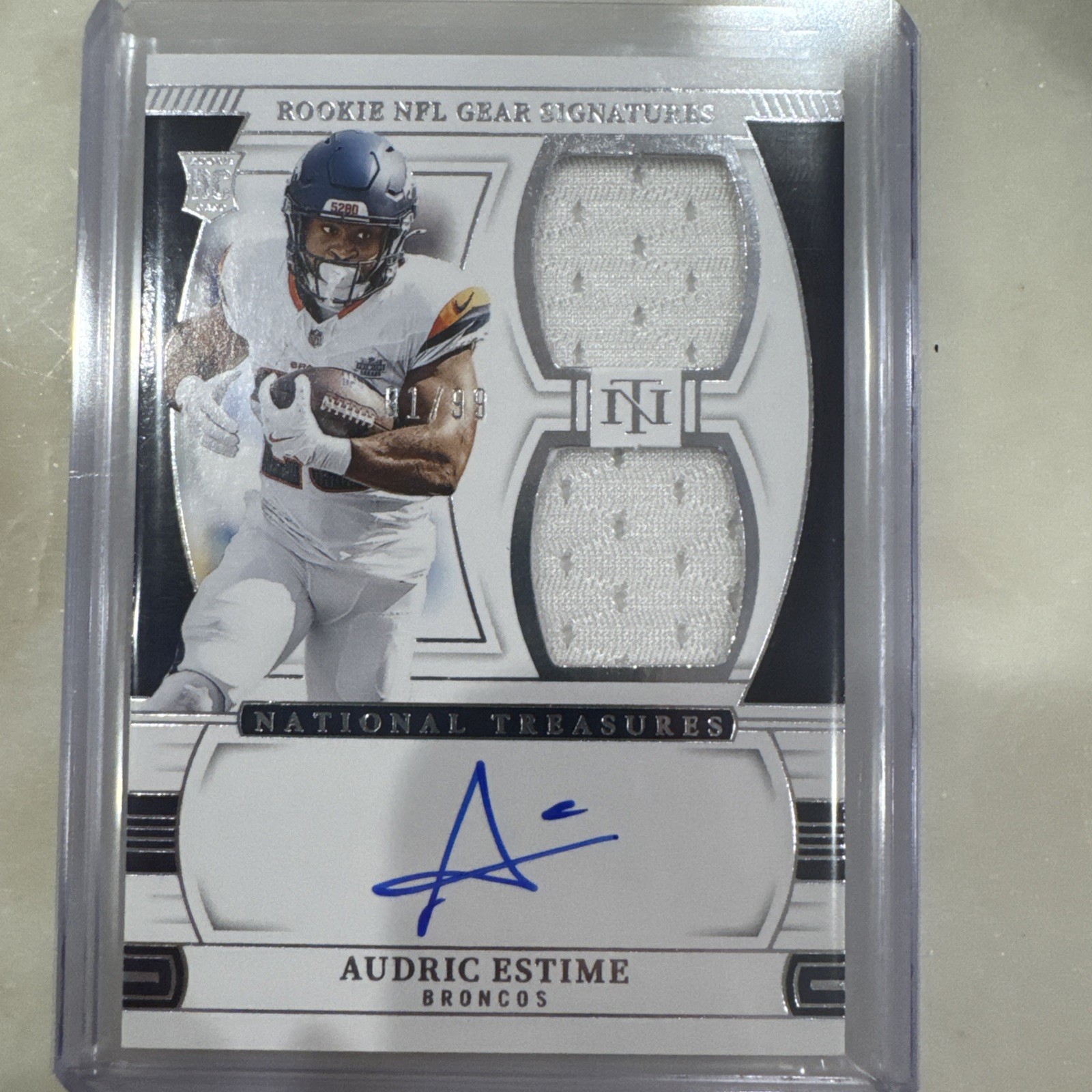 2024 Panini National Treasures Audric Estime RC NFL Gear Signatures /99 On Card