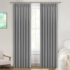 Grey 100 Blackout Pinch Pleated Curtains Linen Textured 84 Inch Length 2 Pan...