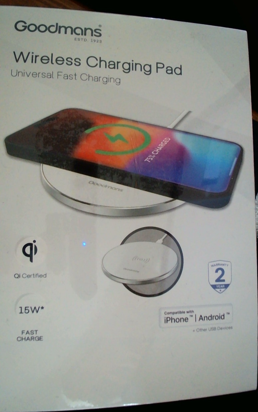 Goodmans Wireless Charging Pad. 15W Fast Charge. iPhone/Android. Qi certified