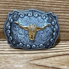 Texas Longhorn Belt Buckle Gold  Silver Tone Western Cowboy Engraved Cowgirl