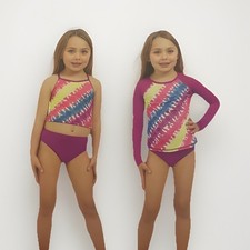 Lands' End 3 Piece Swim Set Girls Sz 5 Purple Geometric UPF 50 Quick Dry Outdoor