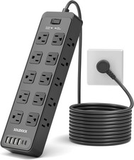 Flat Plug Power Strip Surge Protector with 20 AC Outlets 6 USB 6FT, Black