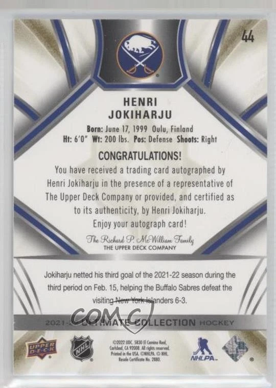 2021-22 Upper Deck Ultimate Collection Gold Auto /35 Henri Jokiharju #44 Auto - Image 2 of 2