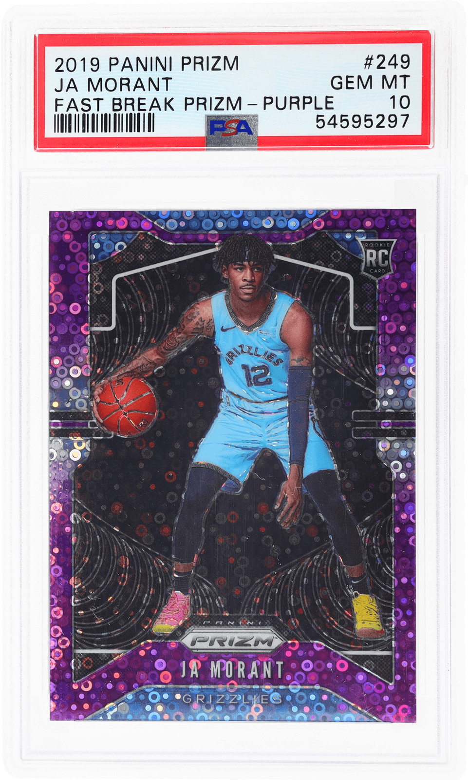 2019 Panini Prizm Ja Morant Fast Break Purple Prizm #249 /75 PSA 10 Rookie RC