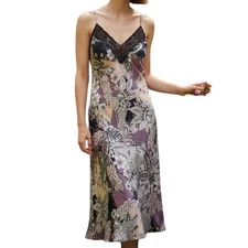 Linea Donatella Floral Lace Trim Slip Dress Midi Nightgown Purple Pink Black L