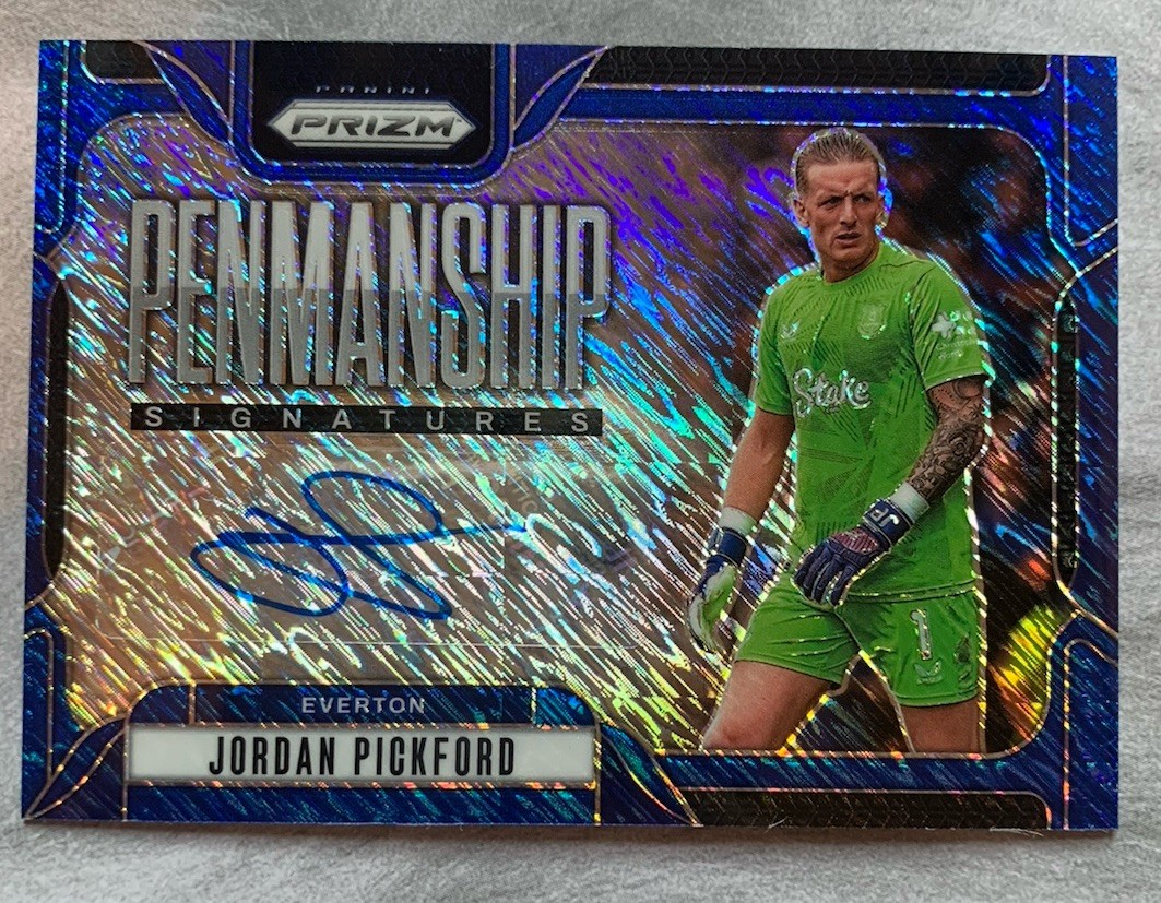 2024-25 Panini Prizm Premier League Jordan Pickford Penmanship Auto Blue Shimmer