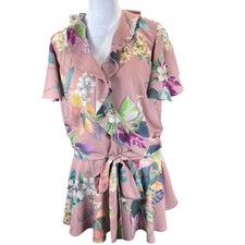 City Chic Women Plus Size M/18 Floral Ruffle V-Neck Tie Waist Peplum Top Pink