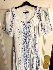 Crew White/Blue Floral V-Neck Puff Sleeve Midi A-Line Dress UK 10