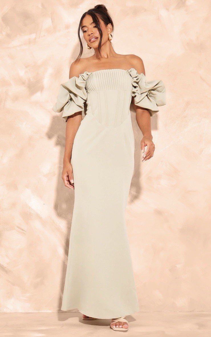 PLT Sage Green Woven Corset Detail pleated Dress Maxi Size 6 Bridesmaid Wedding