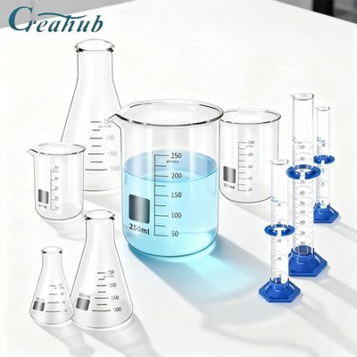 Lab Glassware Set, 9 Pieces - 3 Measuring Beakers, 3 Flasks, 3 Graduated Cylinde