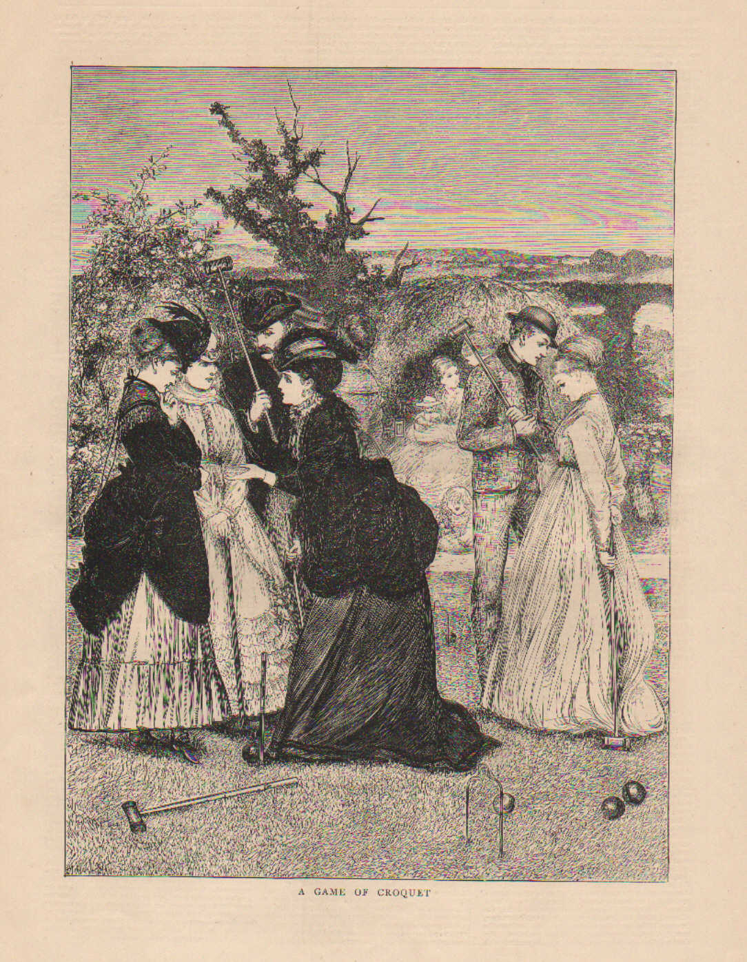 Croquet, Victorian Era Fashion, Recreation, Vintage, 1870 Antique Art