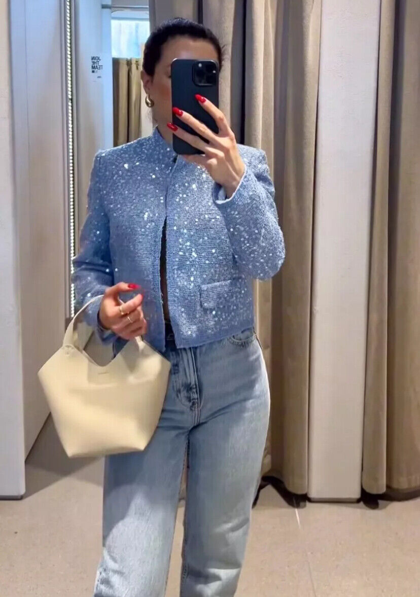 ZARA ZW COLLECTION SEQUIN JACKET LIGHT BLUE SS24 SIZES XS-XL ZARA ZW COLLECTION SEQUIN JACKET LIGHT BLUE SS24 SIZES XS-XL