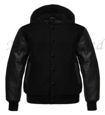 Varsity Letterman baseball Black Wool  Genuine Leather Sleeves Bomber Hoodie