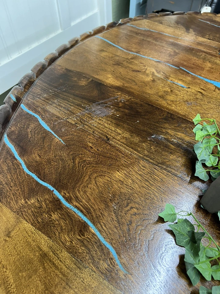 Mexican Turquoise Inlaid round wood 60” pedestal dining table - Image 4 of 4