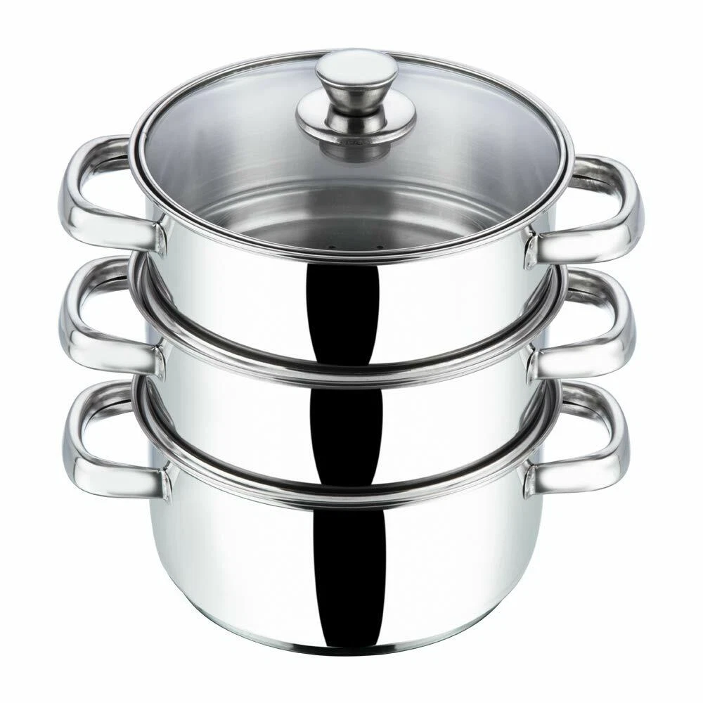 Stainless Steel 3 Tier Steamer with Glass Lid 18 cm Induction Friendly