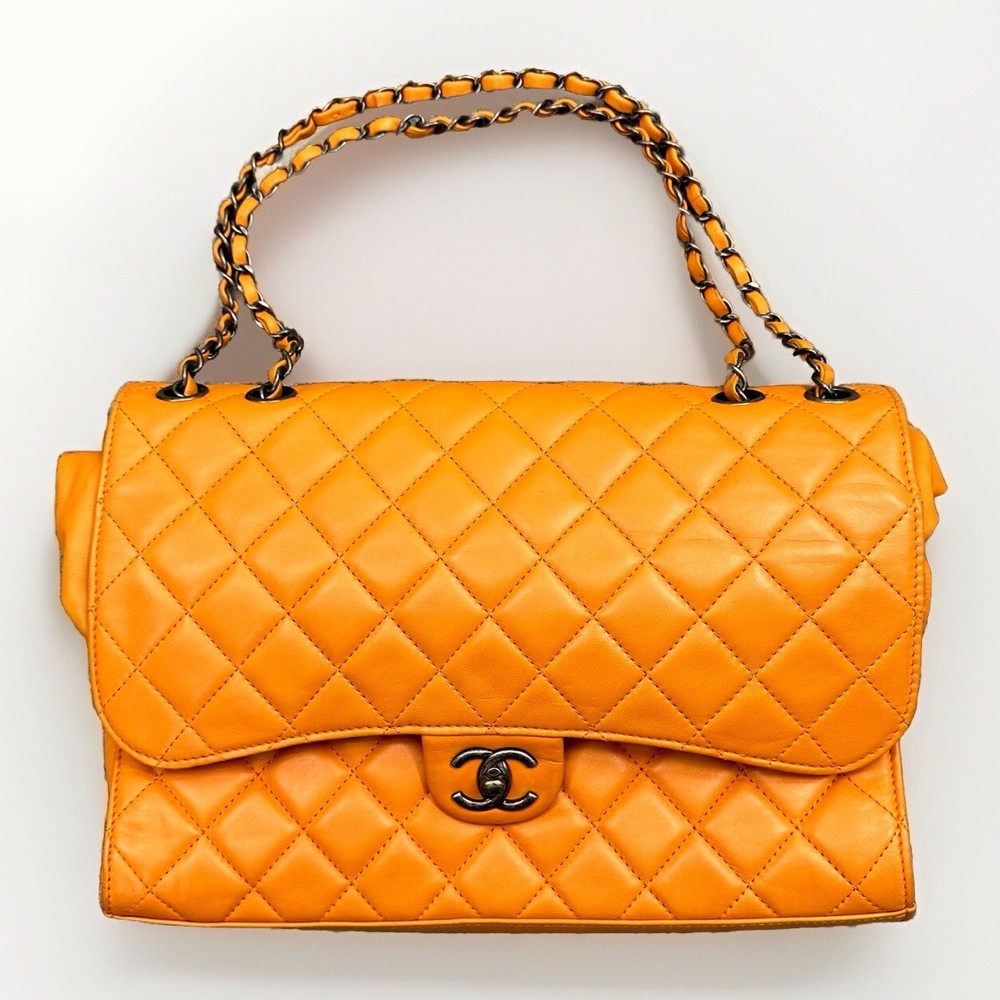 Chanel Classic Flap Expandable Shoulder Bag Orange Leather AUTHENTIC