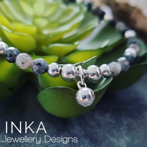 925 Sterling Silver & Labradorite Bell Bracelet Beaded Stretch Stacker By INKA - Picture 4 of 8