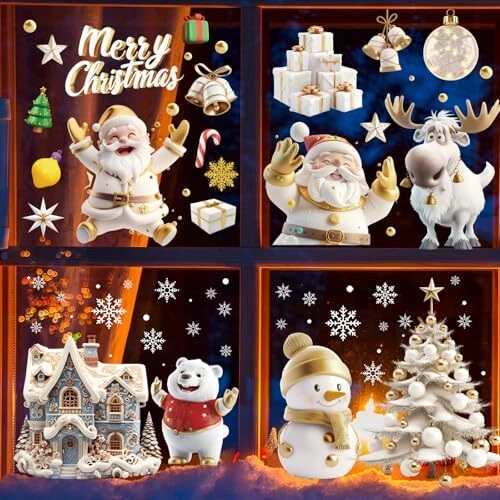 Pegatinas adhesivas de ventana de Navidad muñecos de nieve de doble cara de oro blanco feliz Foto 4 de 4