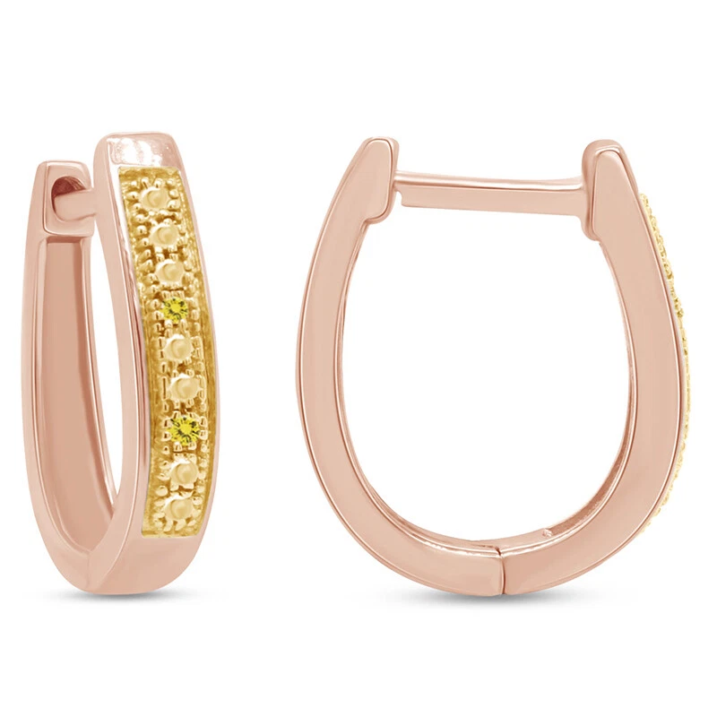 Aretes tipo argolla con detalles de diamantes naturales amarillos enchapados en oro rosa de 14 K Foto 2 de 4